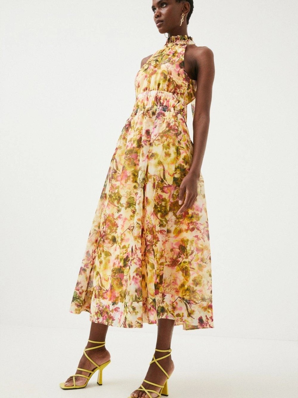 Karen Millen Floral Organdies Shirred Halter midi Dress